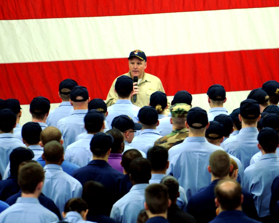 US Navy 081121-N-0120A-175 Capt. K.B. Canady, commanding officer of the forward-deployed amphibious assault ship USS Essex (LHD 2), holds an all-hands call after a frocking and awards ceremony in the hangar bay