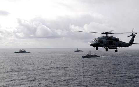 US Navy 081121-N-3659B-127 An HH-60H Sea Hawk flies past ships preparing for an air power demonstration