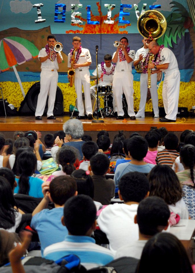 US Navy 081119-N-5476H-007 Sailors from the U.S. Pacific Fleet Dixieland Band perform for students and faculty during Kalihi Elementary School's 4th Annual Red Ribbon Week