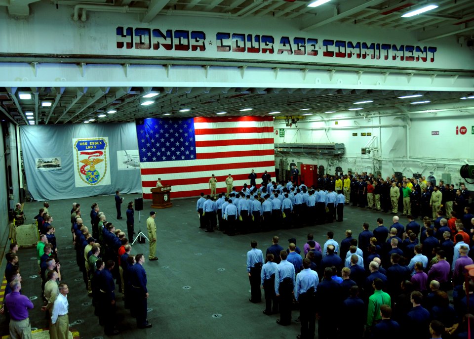 US Navy 081121-N-0120A-176 Rear Adm. Richard B. Landolt, Commander, Expeditionary Strike Group 7, speaks to Sailors assigned to the forward-deployed amphibious assault ship USS Essex (LHD 2) after a frocking and awards ceremony