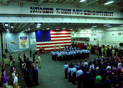 US Navy 081121-N-0120A-176 Rear Adm. Richard B. Landolt, Commander, Expeditionary Strike Group 7, speaks to Sailors assigned to the forward-deployed amphibious assault ship USS Essex (LHD 2) after a frocking and awards ceremony