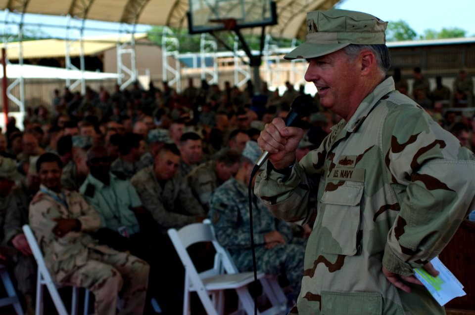 US Navy 081121-N-7526R-240 Rear Adm. Philip H. Greene Jr. addresses a question during an all-hands call at Camp Lemonier