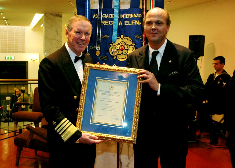 US Navy 081126-N-6138K-567 Prince Sergio of Yugoslavia presents Adm. Mark Fitzgerald, Commander, U.S. Naval Forces Europe and Commander, Joint Forces Command, Naples, with the International Peace Award from the International A