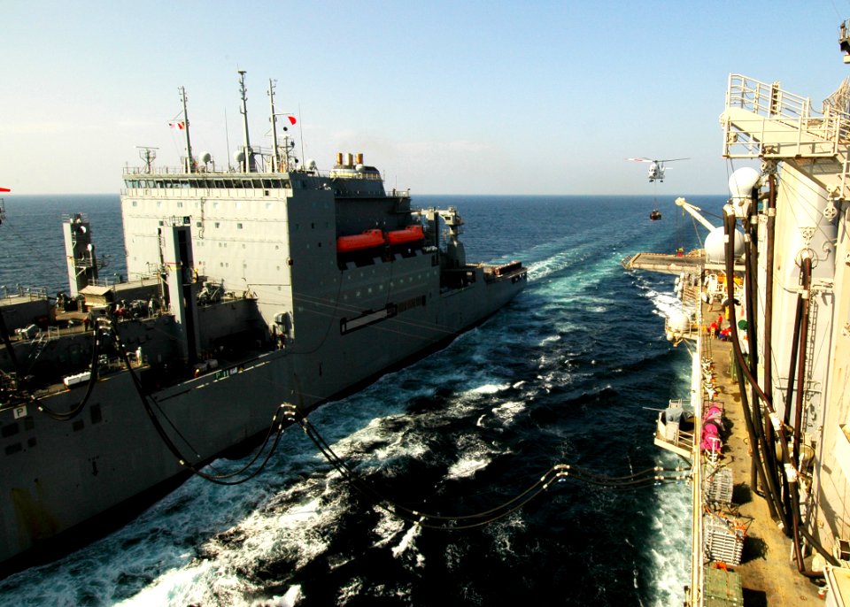 US Navy 081130-N-4236E-076 USNS Lewis and Clark (T-AKE 1) conducts a replenishment at sea with the multi-purpose amphibious assault ship USS Iwo Jima (LHD 7)