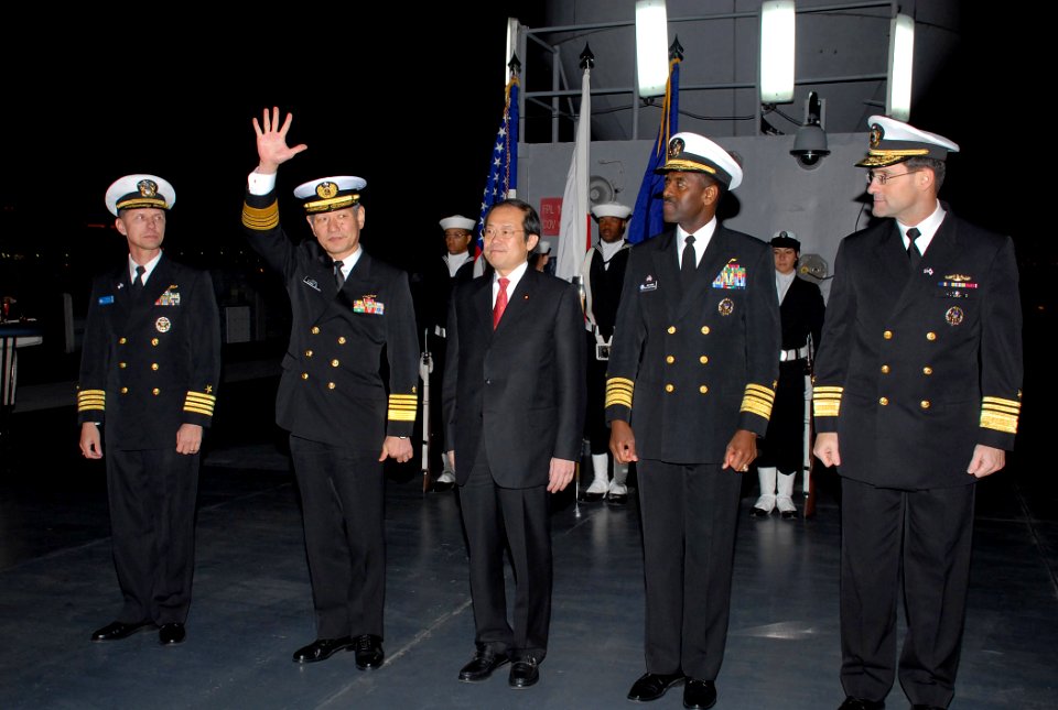 US Navy 081206-N-1113S-001 Adm. Keiji Akahoshi, Japan Maritime Self-Defense Force Chief of Staff, waves