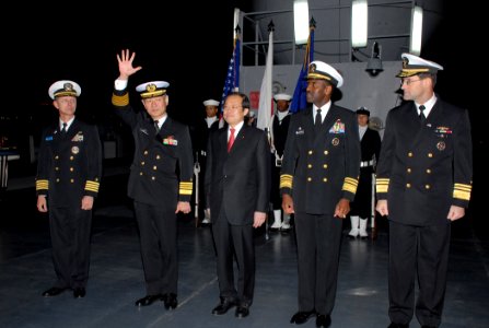 US Navy 081206-N-1113S-001 Adm. Keiji Akahoshi, Japan Maritime Self-Defense Force Chief of Staff, waves