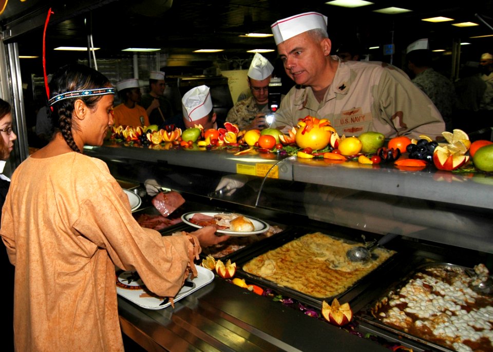 US Navy 081127-N-4236E-051 Rear Adm. Mike Lyden serves Thanksgiving dinner during his visit to the multi-purpose amphibious assault ship USS Iwo Jima (LHD 7)