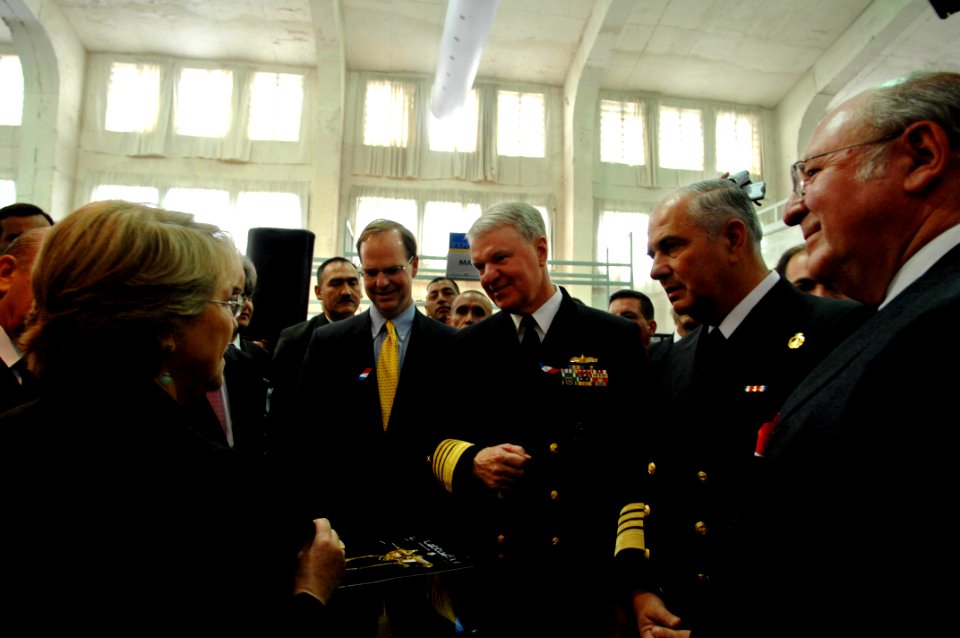 US Navy 081202-N-8273J-243 Michelle Bachelet speaks with U.S. Ambassador Paul Simon Chief of Naval Operations Adm. Gary Roughead and Chilean Chief of Naval Operations Admiral Roldopho Codina