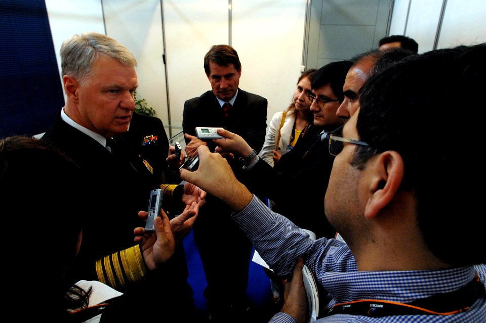 US Navy 081202-N-8273J-316 Chief of Naval Operations Adm. Gary Roughead speaks with media during EXPONAVAL 2008 in Valparaiso