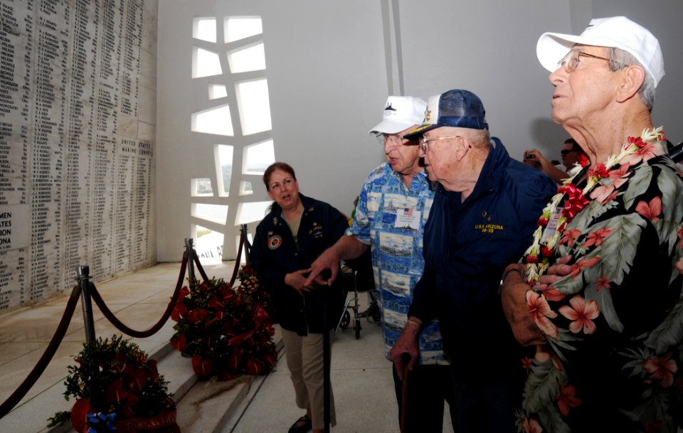 US Navy 081202-N-9758L-084 Battleship USS Arizona (BB-39) survivors Lauren Bruner Glenn Lane and Edward Wentzlaff view the list of 1,177 perished Sailors and Marines in the shrine room of the USS Arizona Memorial