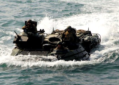 US Navy 081128-N-9134V-045 An amphibious assault vehicle assigned to the 26th Marine Expeditionary Unit maneuvers towards the amphibious dock landing ship USS Carter Hall (LSD 50)