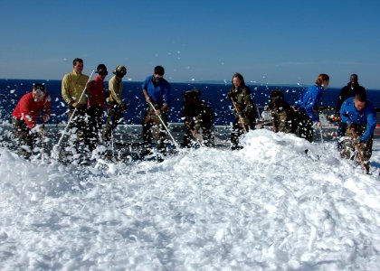 US Navy 081203-N-5215E-095 Sailors assigned to V-1 Division on the forward deployed amphibious assault ship USS Essex (LHD 2) use aqueous film forming foam to perform a countermeasure wash down on the ship's flight deck