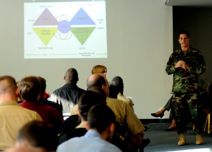 US Navy 081204-N-8933S-031 Cmdr. Thomas Trotter, executive officer of Expeditionary Combat Readiness Command explains the process on where individual augmentee Sailors should expect to go for training, screening and processing