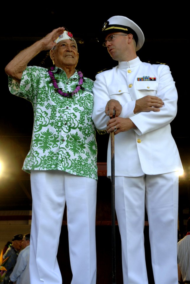 US Navy 081207-N-0535P-003 Herb Weatherwax, a survivor of the attack on Pearl Harbor, salutes during a joint U.S. Navy-National Park Service ceremony commemorating the 67th anniversary of the attack on Pearl Harbor