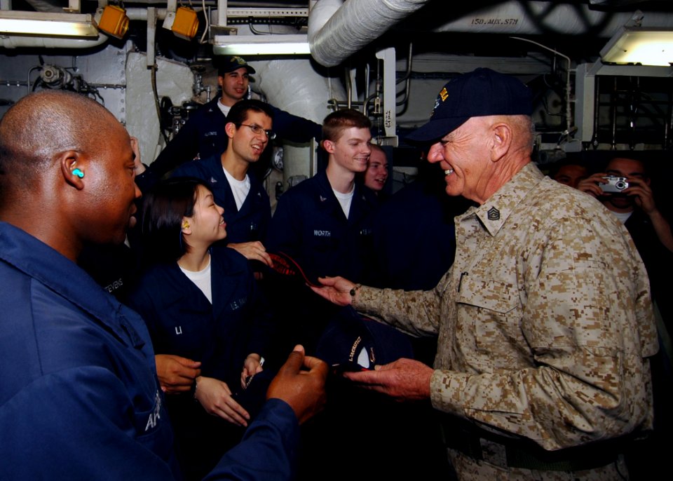 US Navy 081208-N-4236E-110 Retired Gunnery Sgt. R. Lee Ermey visits with Sailors and Marines aboard the multi-purpose amphibious assault ship USS Iwo Jima (LHD 7)