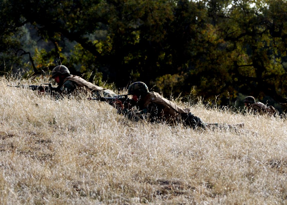 US Navy 081211-N-9584N-110 Seabees lie in the prone position ready to provide reinforcement during field training exercise