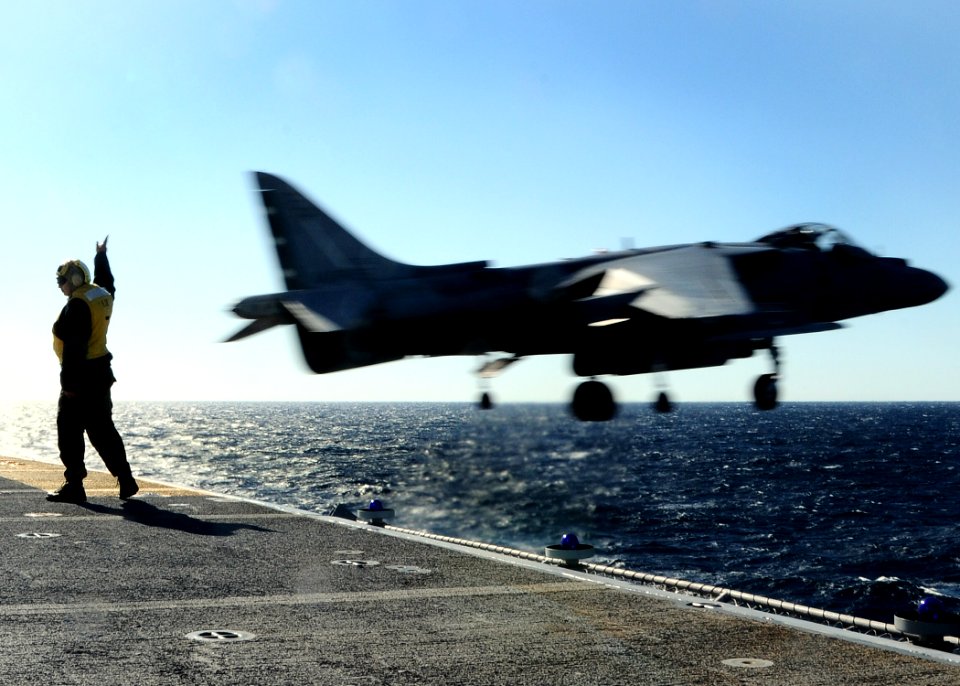 US Navy 110212-N-7508R-016 An AV-8B Harrier assigned to Marine Attack Squadron (VMA) 261 takes off aboard the multi-purpose amphibious assault ship