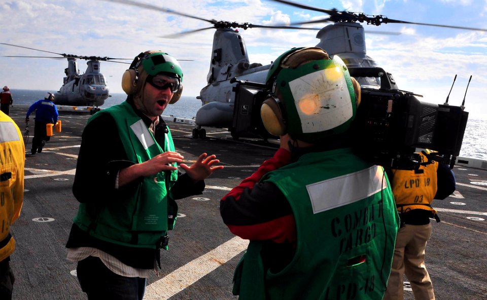 US Navy 081207-N-4774B-163 Members of the Discovery Channel film aboard the amphibious transport dock ship USS New Orleans (LPD 18)