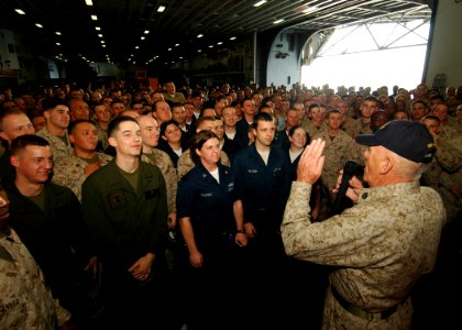 US Navy 081208-N-4236E-084 Retired Gunnery Sgt. R. Lee Ermey visits with Sailors and Marines aboard USS Iwo Jima (LHD 7)