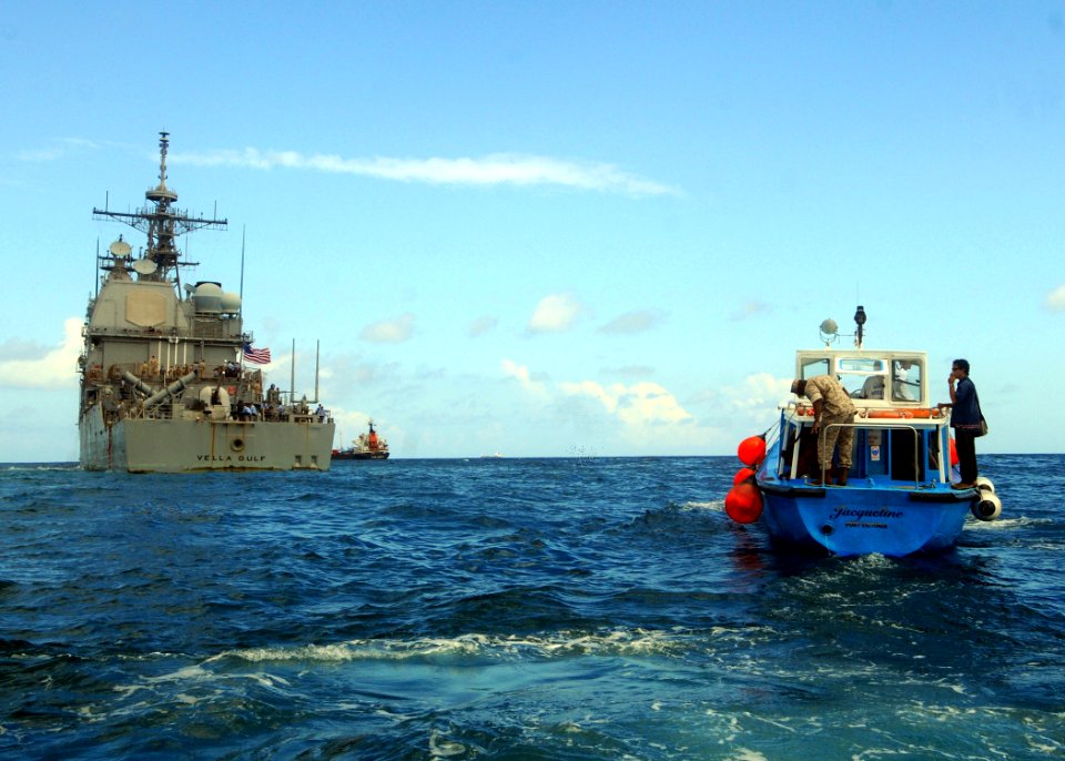 US Navy 081210-N-1082Z-119 The guided-missile cruiser USS Vella Gulf (CG 72) is anchored off Seychelles during a liberty port visit