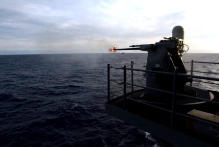 US Navy 110226-N-0841E-438 An MK-38 25mm gun system is fired during a live-fire exercise aboard USS Boxer (LHD 4)