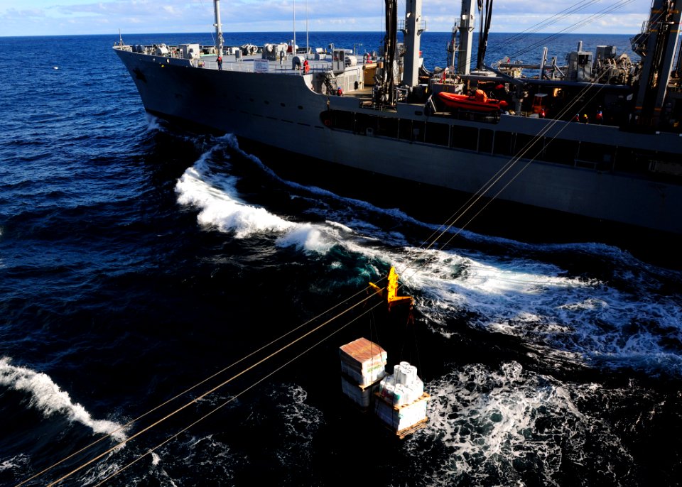 US Navy 110221-N-5503T-072 Supply pallets are sent from the Military Sealift Command fleet replenishment oiler USNS Guadalupe (T-AO 200) to the air
