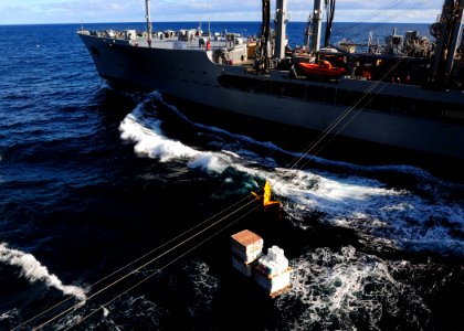 US Navy 110221-N-5503T-072 Supply pallets are sent from the Military Sealift Command fleet replenishment oiler USNS Guadalupe (T-AO 200) to the air
