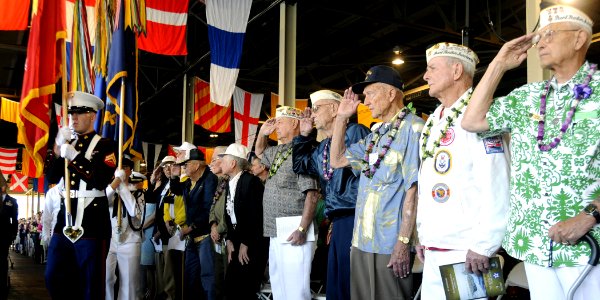 US Navy 081207-N-9758L-117 Pearl Harbor Survivors render honors for a Joint Service Color Guard