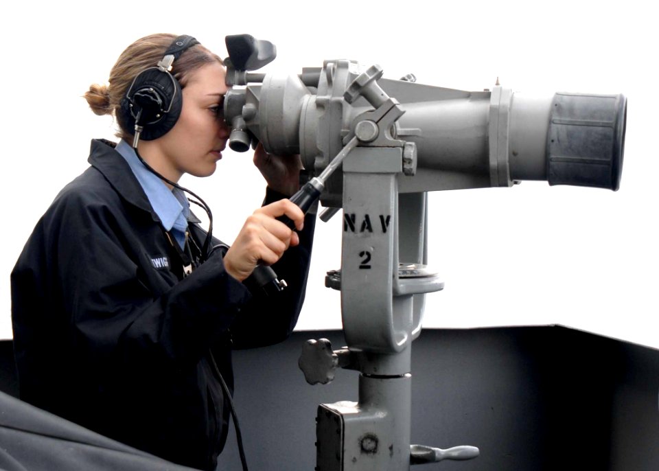 US Navy 081217-N-9900B-016 Boatswain's Mate Seaman Jacqueline Twigg stands port lookout watch