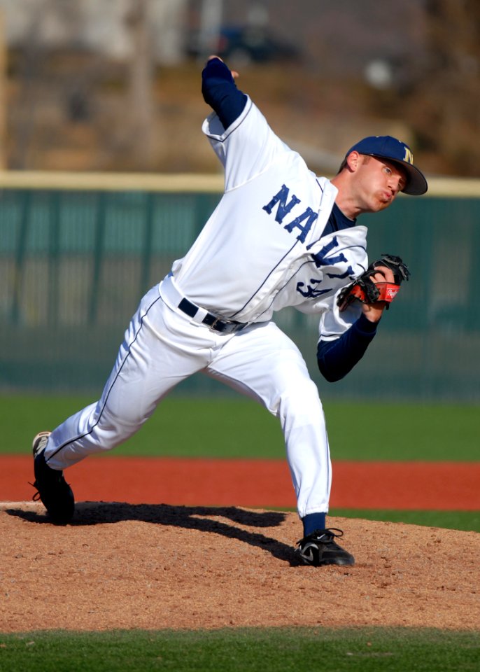US Navy 110302-N-OA833-008 U.S. Naval Academy junior, Zach Sipe, pitches during the Men's baseball home opener at Max Bishop Stadium