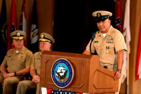 US Navy 081212-N-9818V-275 Master Chief Petty Officer of the Navy (MCPON) Joe R. Campa, Jr. delivers remarks during the Passing of the Cutlass and his retirement ceremony at the Sail Loft at the Washington Navy Yard