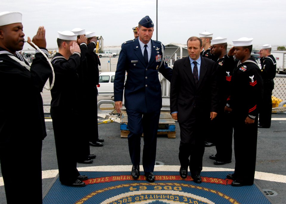 US Navy 081215-N-2821G-003 Air Force Col. Douglas Lengenfelder escorts Carlos Anibal Aguilar, the Argentine National Director of Military Strategic Intelligence aboard the Mayport-based guided-missile destroyer USS Carney (DDG