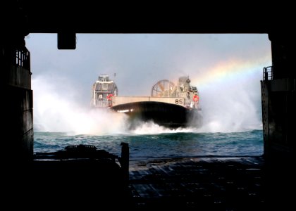 US Navy 081224-N-6764G-104 A landing craft air cushion (LCAC) from Assault Craft Unit (ACU) 4 prepares to embark aboard the amphibious transport dock ship USS San Antonio (LPD 17)
