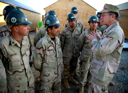 US Navy 081221-N-0696M-466 Adm. Mike Mullen visits with Seabees from Naval Mobile Construction Battalion (NMCB ) 7
