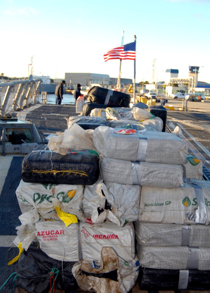US Navy 081212-N-1522S-002 Drugs seized by the U.S. Navy and U.S. Coast Guard are on the fantail of the guided-missile frigate USS Samuel B. Roberts (FFG 58) before being offloaded by law enforcement officials