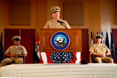 US Navy 081212-N-9818V-122 Chief of Naval Operations (CNO) Adm. Gary Roughead delivers remarks at the Passing of the Cutlass and retirement ceremony in honor of retiring Master Chief Petty Officer of the Navy (MCPON) Joe R. Cam photo