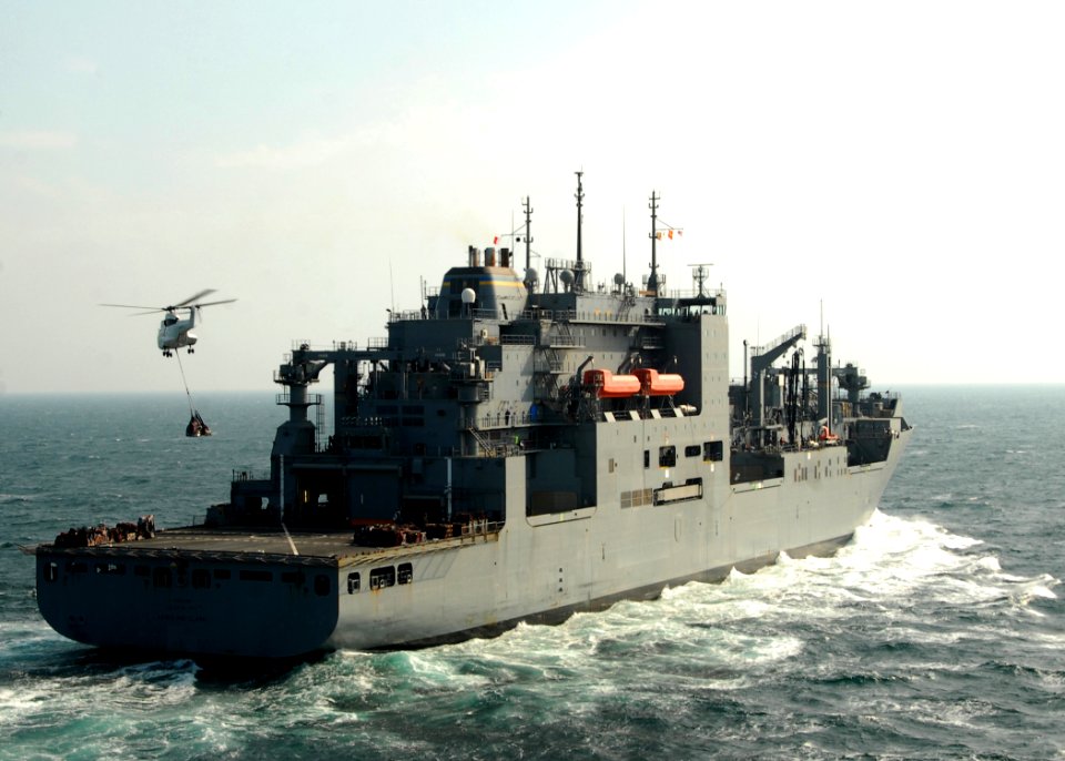 US Navy 090101-N-3392P-038 An SA-330 Puma helicopter picks up pallets from the Military Sealift Command dry cargo-ammunition ship USNS Lewis and Clark (T-AKE 1)