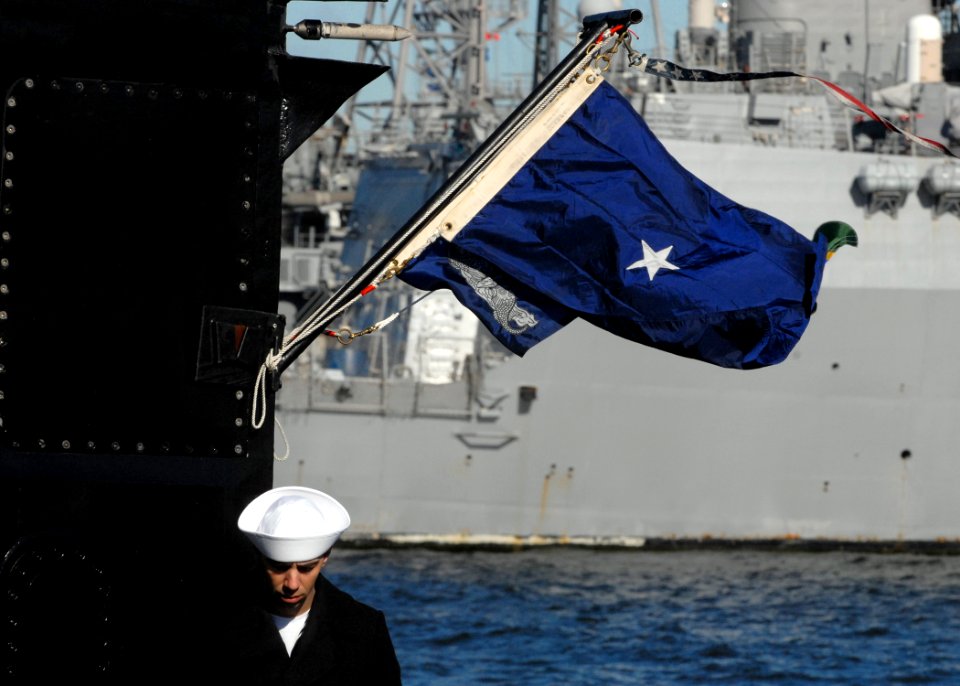 US Navy 081212-N-7668G-037 The pennant for Commander, Submarine Group 2 waves over the Los Angeles-class attack submarine USS Jacksonville (SSN 699) during a change of command ceremony at Naval Station Norfolk