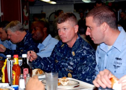 US Navy 081219-N-0803S-014 Chief of Naval Operations (CNO) Gary Roughead and Master Chief Petty Officer of the Navy (MCPON) Rick West have lunch with Sailors