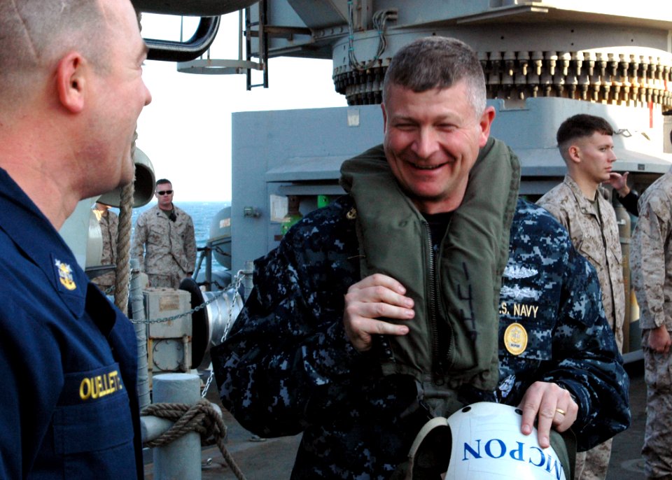 US Navy 081219-N-9134V-109 Master Chief Petty Officer of the Navy (MCPON) Rick West greets Command Master Chief Don Oulette