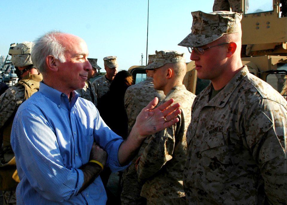 US Navy 081219-N-5681S-062 U.S. Rep. Joe Courtney speaks with Marines on the flight deck of the multi-purpose amphibious assault ship USS Iwo Jima (LHD 7)