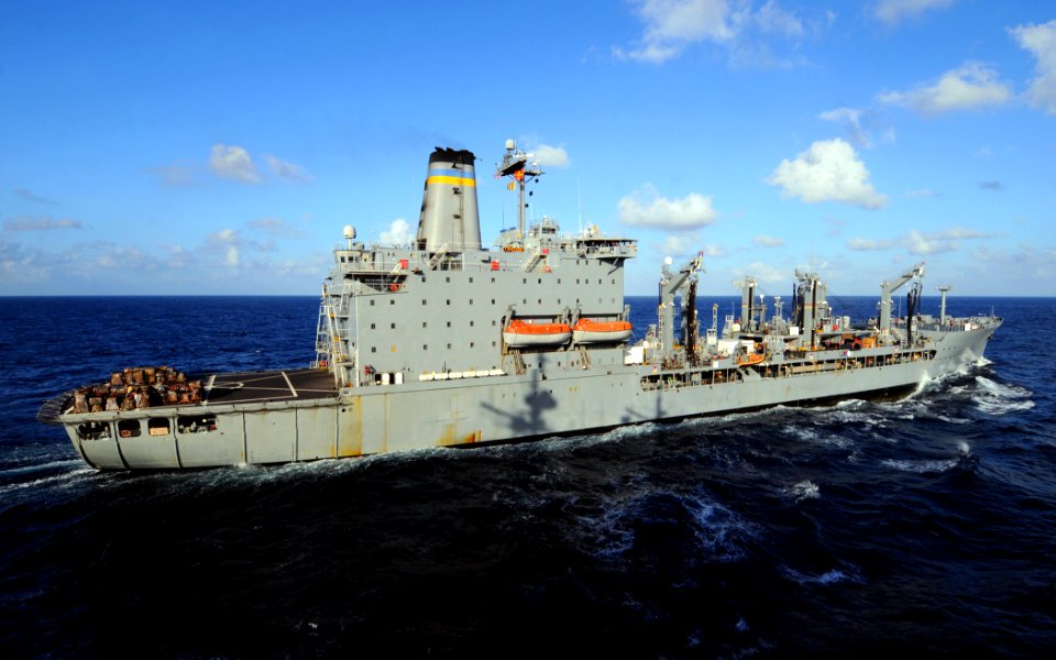 US Navy 081217-N-1082Z-011 USNS Tippecanoe (T-AO 199) pulls alongside the guided-missile cruiser USS Vella Gulf (CG 72) to conduct a replenishment at sea
