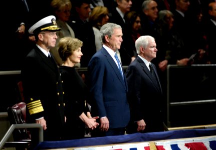 US Navy 090106-N-2855B-510 Adm. Mike Mullen first lady Mrs. Laura Bush, President George W. Bush and Secretary of Defense Robert M. Gates listen as the national anthem is sung during the Armed Forces Farewell Tribute Ceremony h