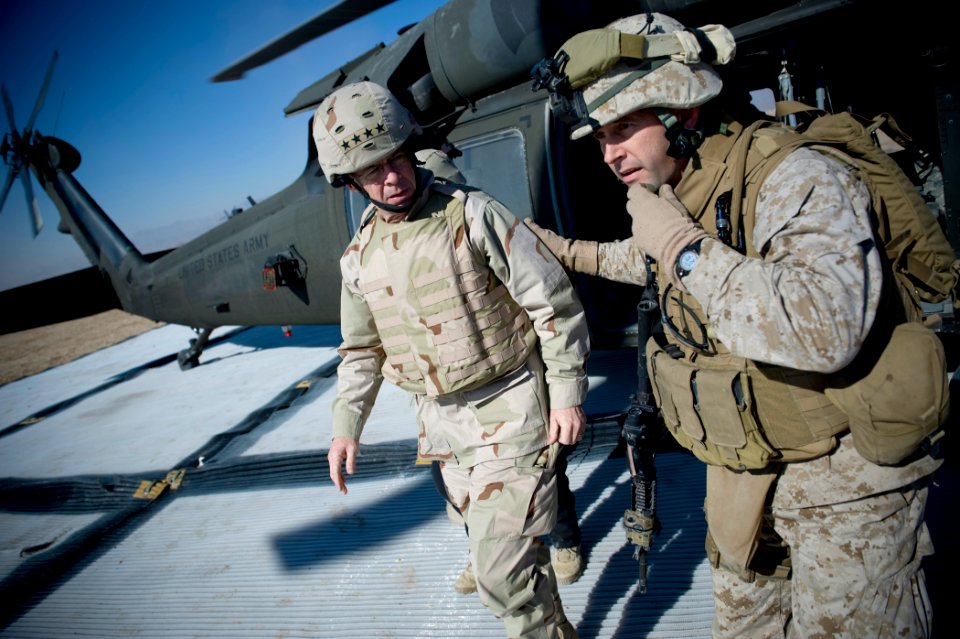 US Navy 081221-N-0696M-264 Adm. Mike Mullen is welcomed by Lt. Col. David Odom at Forward Operating Base Bakwah