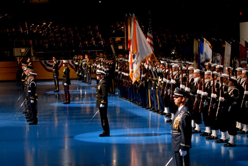 US Navy 090106-N-2855B-047 Members of the Joint Ceremonial Honor Guard and Joint Ceremonial Color Guard stand in formation during the Armed Forces Farewell Tribute Ceremony honoring President George W. Bush