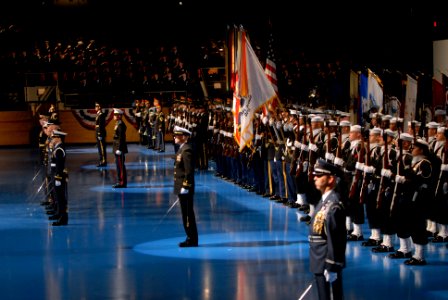 US Navy 090106-N-2855B-047 Members of the Joint Ceremonial Honor Guard and Joint Ceremonial Color Guard stand in formation during the Armed Forces Farewell Tribute Ceremony honoring President George W. Bush