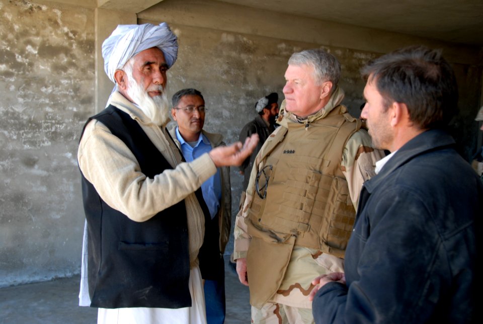 US Navy 081222-N-0000X-379 Deputy Governor of Khost Province Taiwar Khan Subarai and Gary Roughead discuss the construction of the Provincial Government Center. Chief of Naval Operations