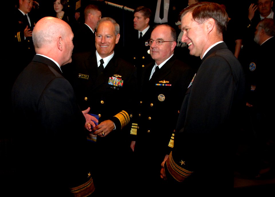 US Navy 090107-N-7948R-050 Rear Adm. Joseph F. Kilkenny talks with Vice Adm. Jeffrey L. Fowler, Vice Adm. John C. Harvey and Vice Adm. Mark E. Ferguson III