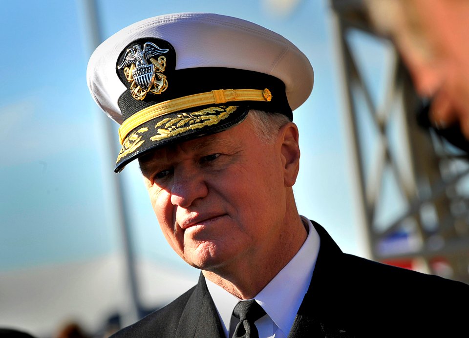 US Navy 090110-N-8273J-138 Chief of Naval Operations (CNO) Adm. Gary Roughead speaks with media at the conclusion of the commissioning ceremony for the aircraft carrier USS George H. W. Bush (CVN 77)
