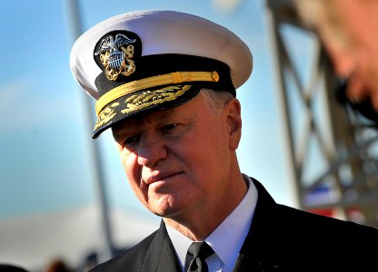US Navy 090110-N-8273J-138 Chief of Naval Operations (CNO) Adm. Gary Roughead speaks with media at the conclusion of the commissioning ceremony for the aircraft carrier USS George H. W. Bush (CVN 77)